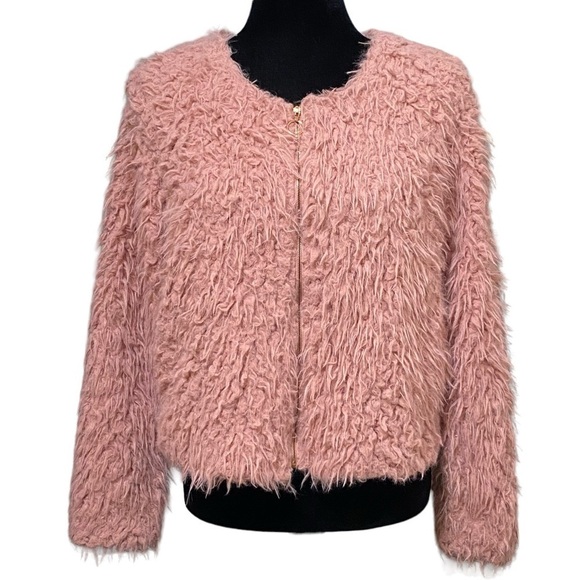 Candie’s Pink Faux Fur Cropped Jacket Small Fluffy Shag Zip Y2K Retro Party Coat - Picture 1 of 7